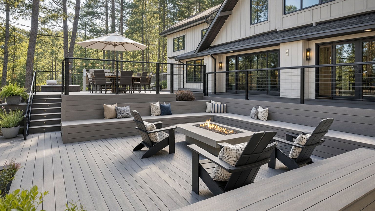 Wood deck with steps, chairs and a square fire table