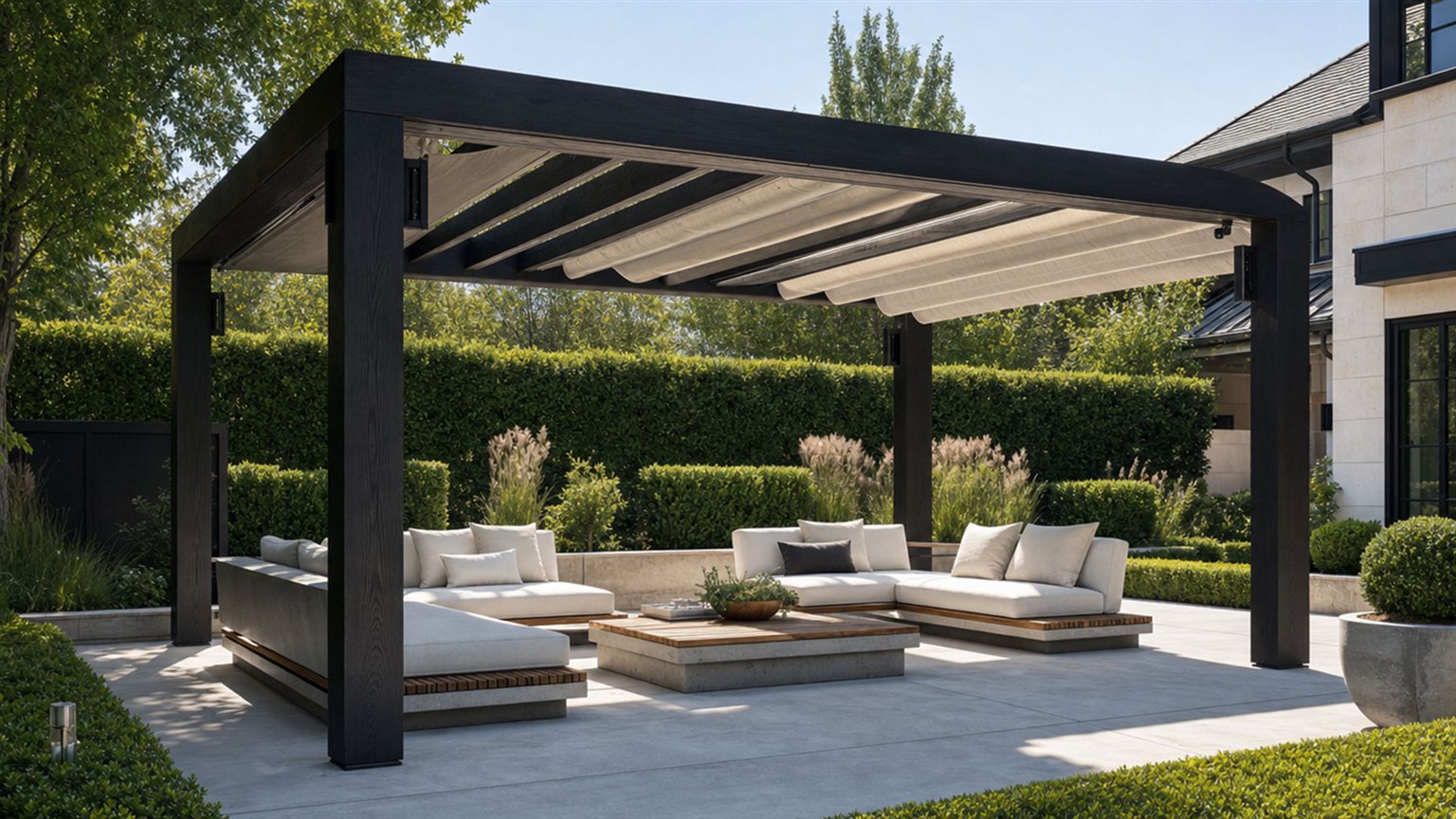 Dark pergola over a paved outdoor seating area