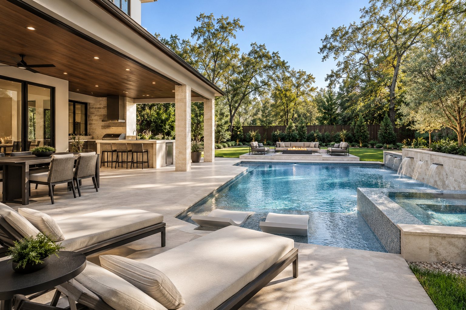 Backyard pool and raised spa beside a covered outdoor kitchen and lounge seating